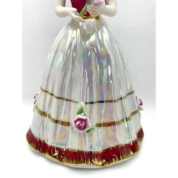 Vintage Porcelain Luster Girl Figurine, Ball Gown with Rose Details - Picture 3 of 10